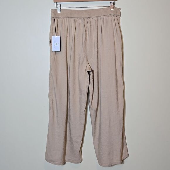 H by Halston Tan Linen Wide Leg Pants NWT Size Large Pull On Crop Elastic Waist - Picture 7 of 10